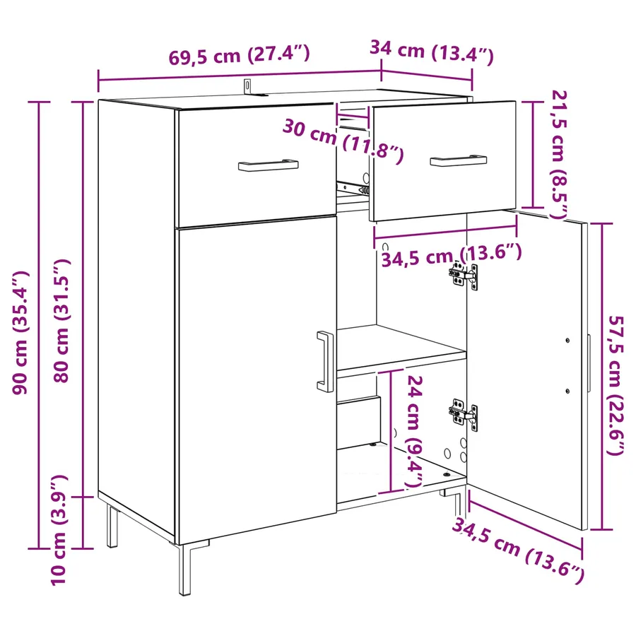 Buffet Chêne noir 69,5 x 34 x 90 cm Bois d'ingénierie - 12