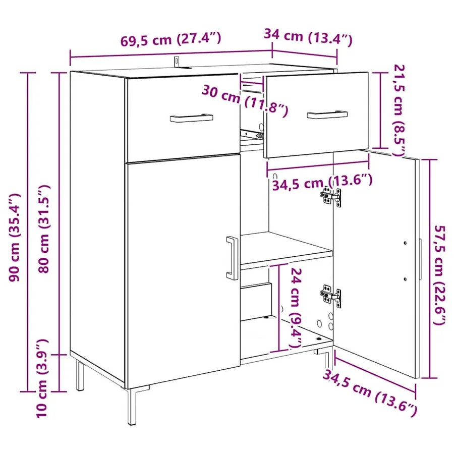 Buffet Chêne noir 69,5 x 34 x 90 cm Bois d'ingénierie - 13