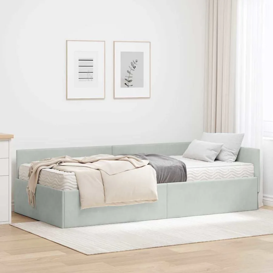 Cadre de lit d'angle avec matelas 2 pcs Gris clair Velours