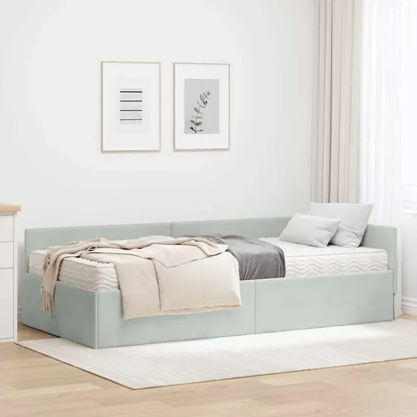 Cadre de lit d'angle avec matelas 2 pcs Gris clair Velours