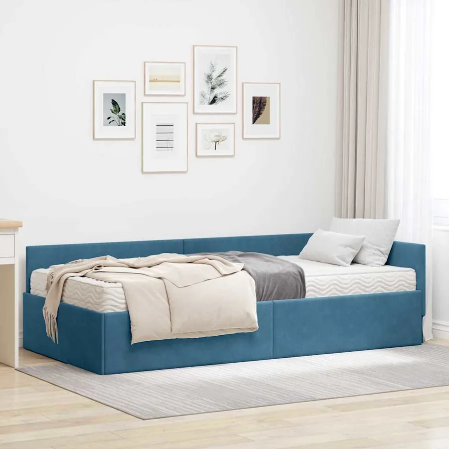 Cadre de lit d'angle avec matelas Autre 2 pcs Bleu Velours