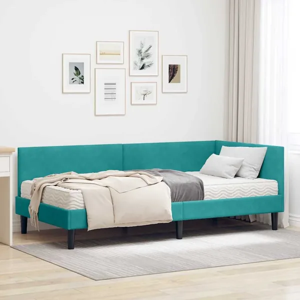 Cadre de lit d'angle avec matelas Autre 2 pcs Turquoise Velours