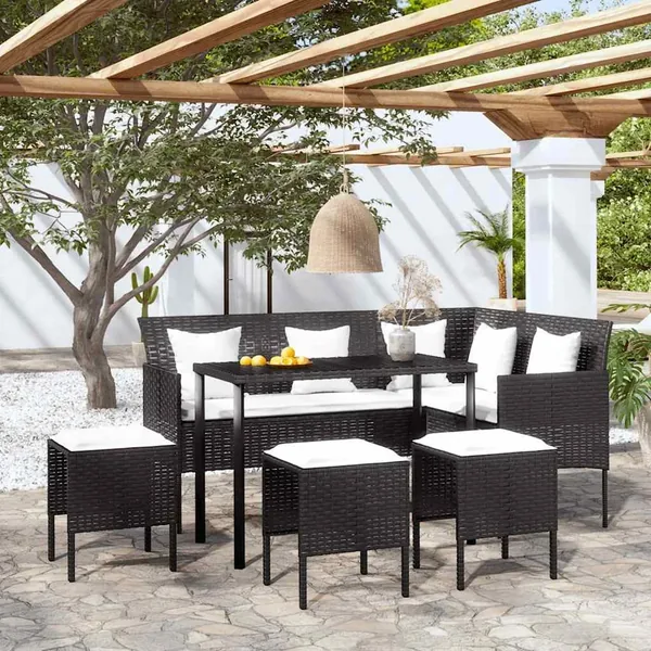 Ensemble de canapés en L 5pcs avec coussins résine tressée noir