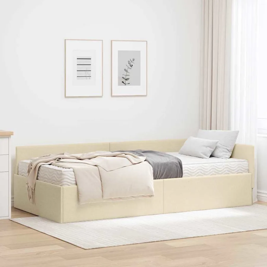Cadre de lit d'angle avec matelas Autre 2 pcs Crème tissu