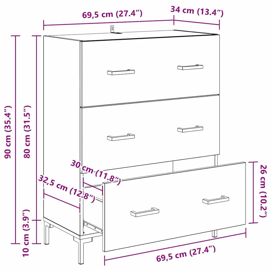 Buffet Chêne noir 69,5 x 34 x 90 cm Bois d'ingénierie et fer - 15
