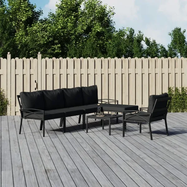 Salon de jardin 7 pcs avec coussins gris bambou acier