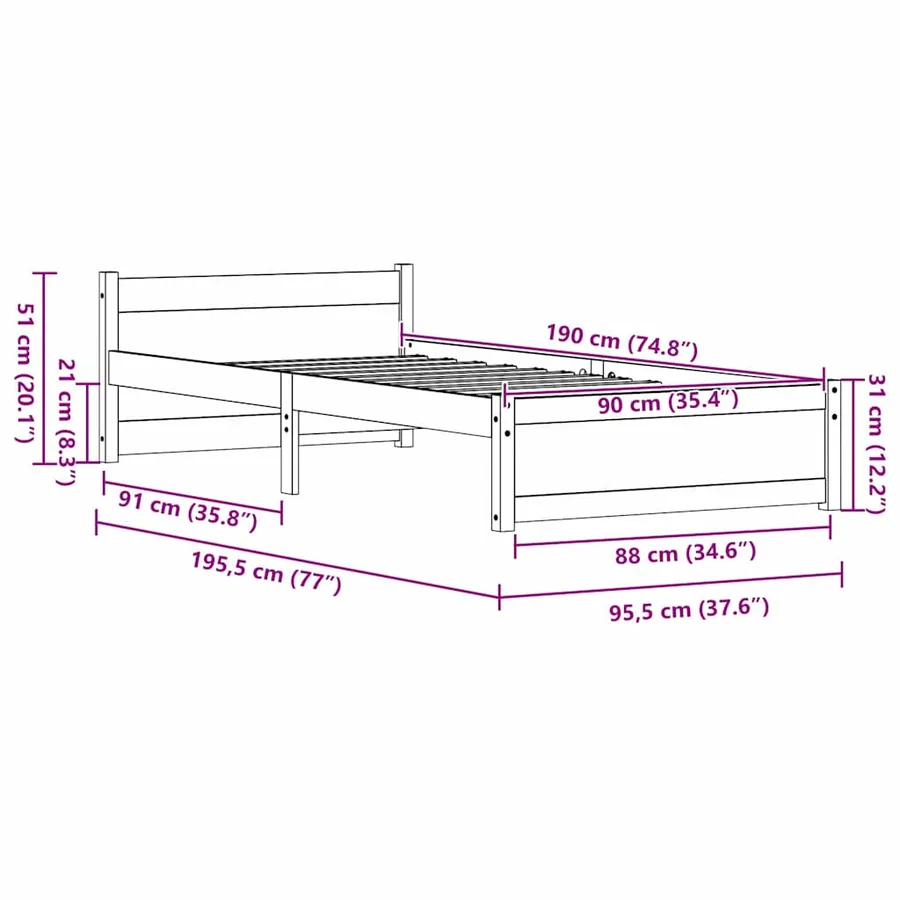 Cadre de lit Brun cire 195,5 x 95,5 x 51 cm Pin massif - 11