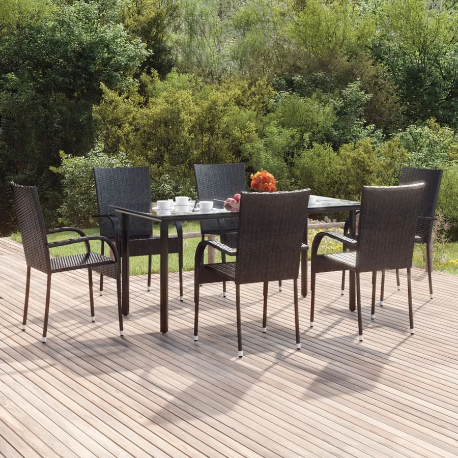 Ensemble à manger de jardin 7 pcs Noir Résine tressée