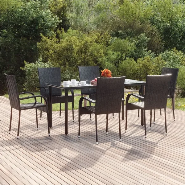 Ensemble à manger de jardin 7 pcs Noir Résine tressée