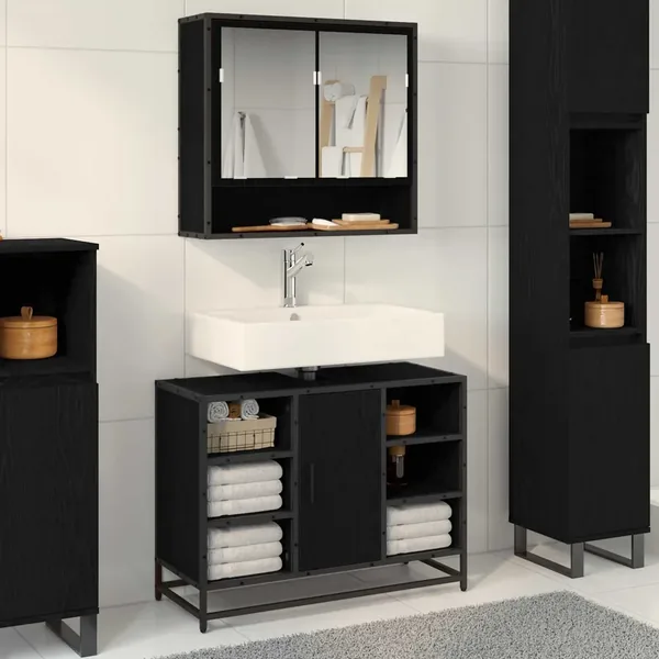 Cabinet de salle de bain avec porte Chêne noir 80 x 33 x 60 cm