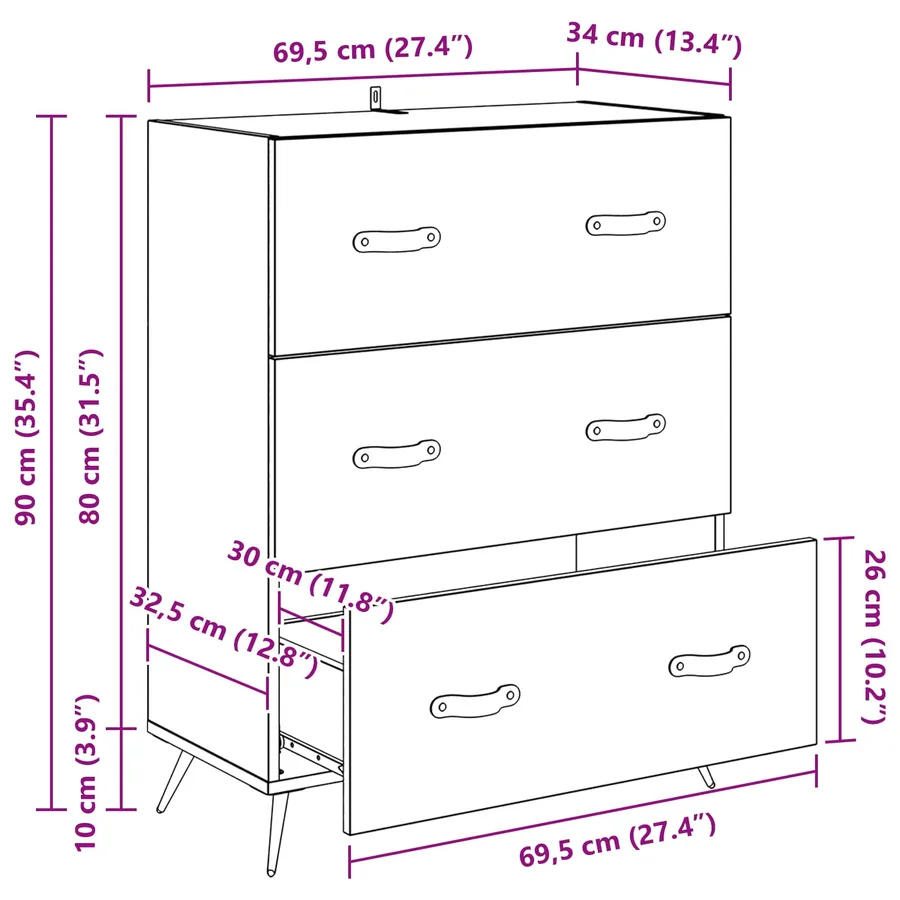 Commode Chêne Noir 69,5 x 34 x 90 cm Bois d’ingénierie - 14