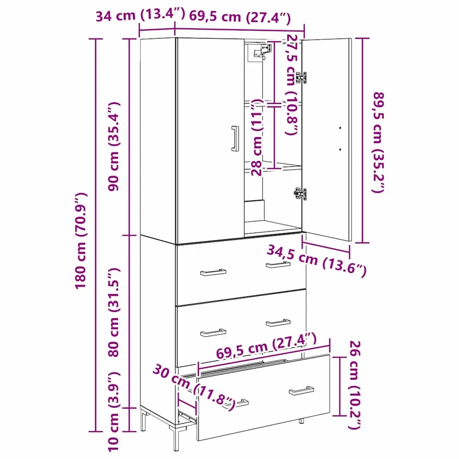 Haut Armoire Bois Ancien 69,5 x 34 x 180 cm Bois d'ingénierie - 14