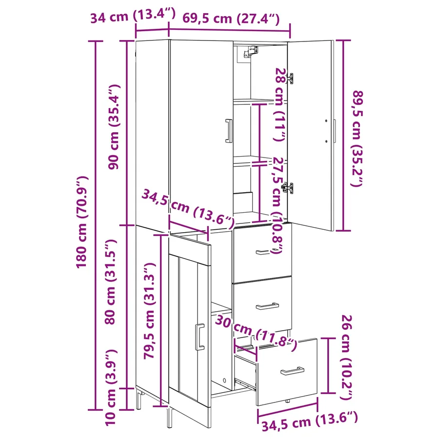 Haut Armoire Chêne noir 69,5 x 34 x 180 cm Bois d'ingénierie - 13