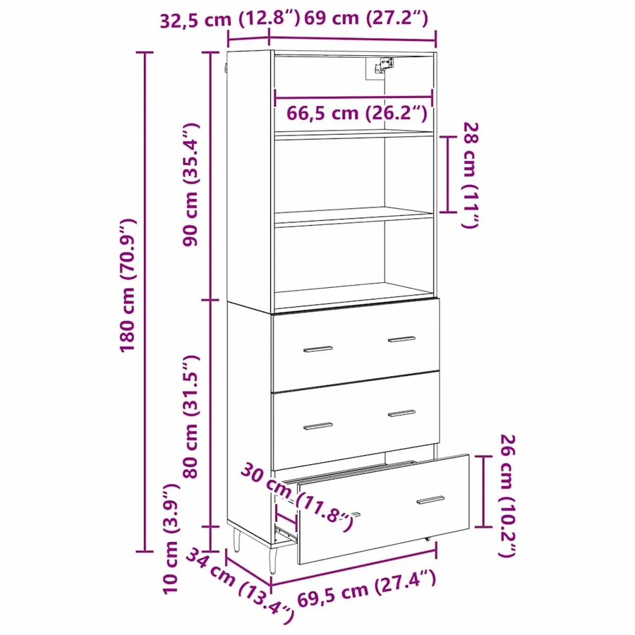 Haut Armoire avec tiroir Chêne noir 69,5 x 34 x 180 cm - 13