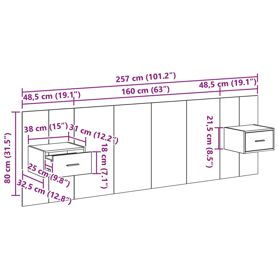 Tête de lit avec armoire 3 pcs Chêne artisanal - 16