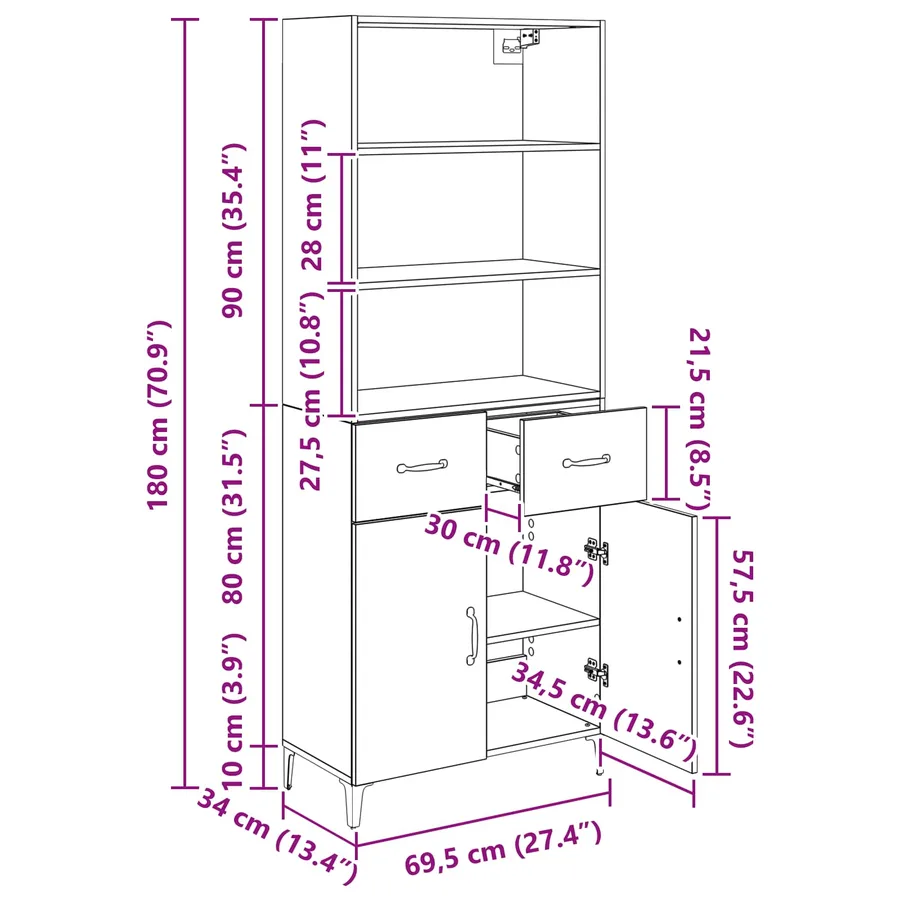 Haut Armoire Chêne noir 69,5 x 34 x 180 cm Bois d'ingénierie - 14