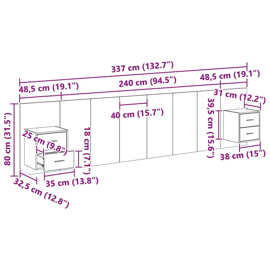 Tête de lit avec armoire 3 pcs Chêne noir Bois d'ingénierie - 15