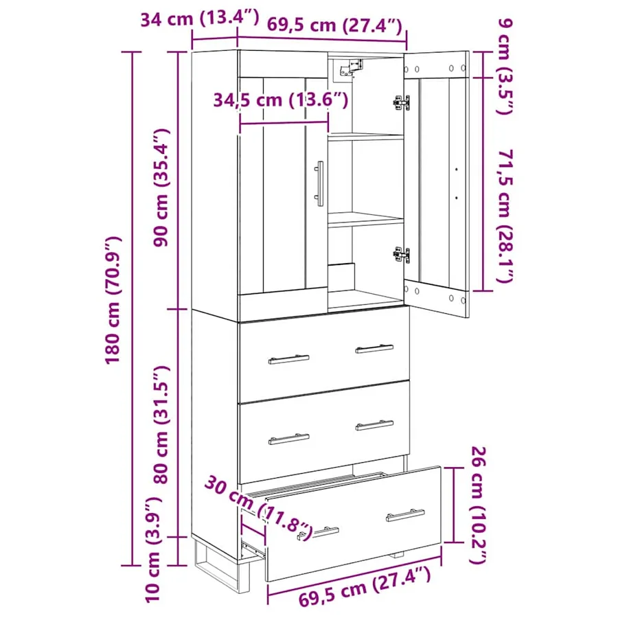 Haut Armoire Chêne noir 69,5 x 34 x 180 cm Bois d'ingénierie - 14