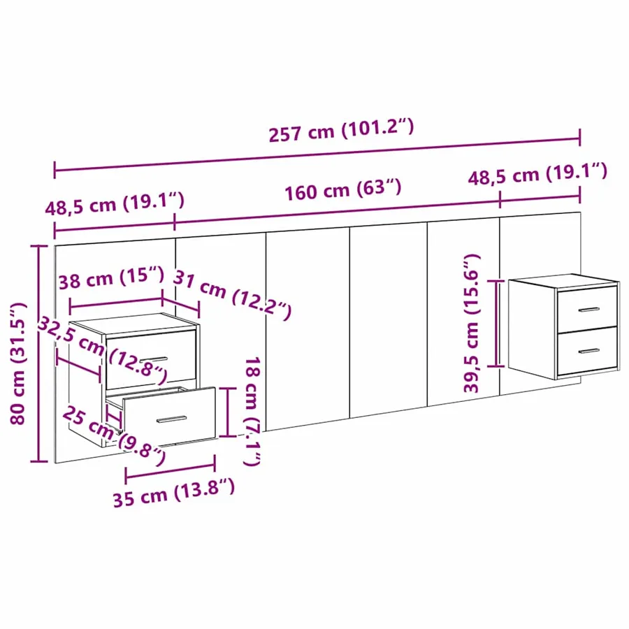 Tête de lit avec armoire 3 pcs Chêne artisanal - 16