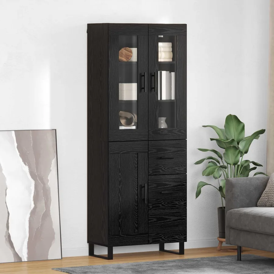 Haut Armoire 2 pcs Chêne noir Bois Aggloméré et Verre