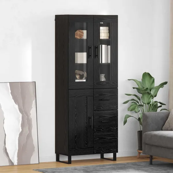 Haut Armoire 2 pcs Chêne noir Bois Aggloméré et Verre