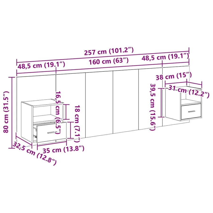 Tête de lit avec armoire 3 pcs Chêne noir Bois d'ingénierie - 15