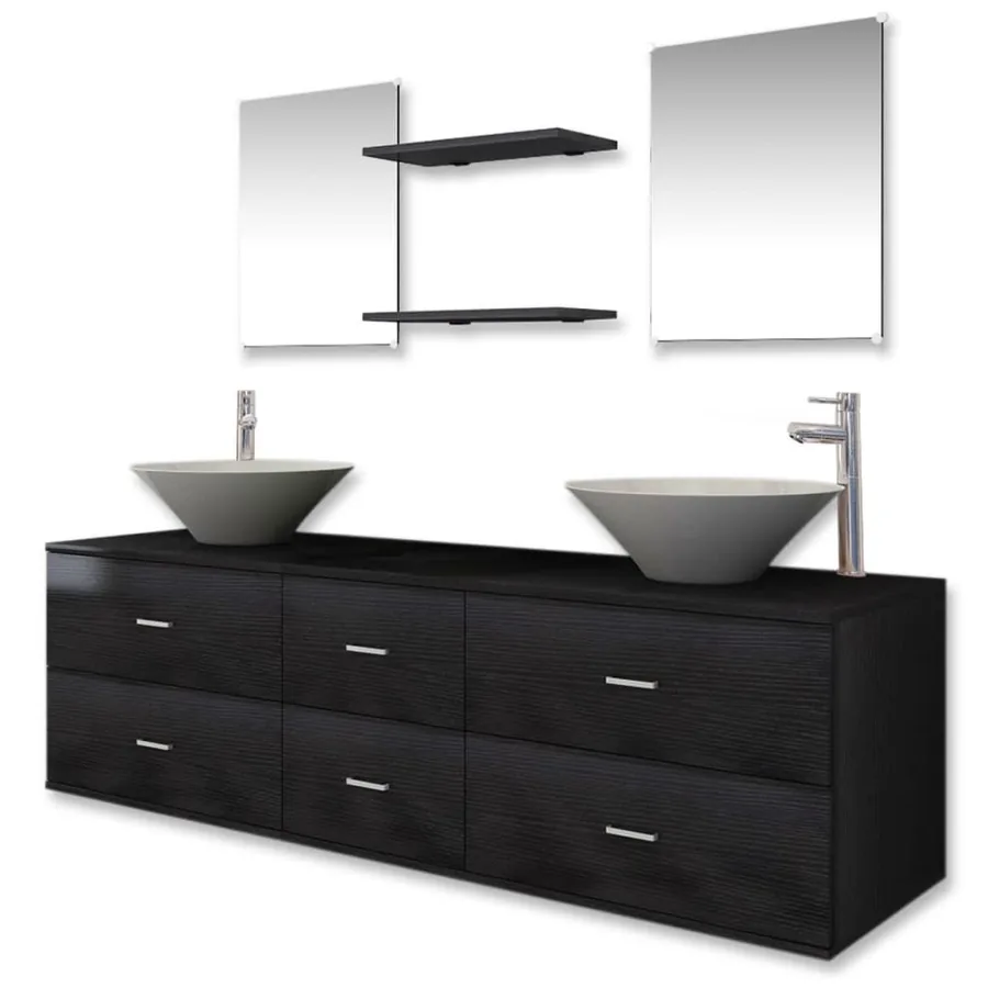 Meubles de salle de bain 9 pcs avec lavabo et robinet Noir - 2