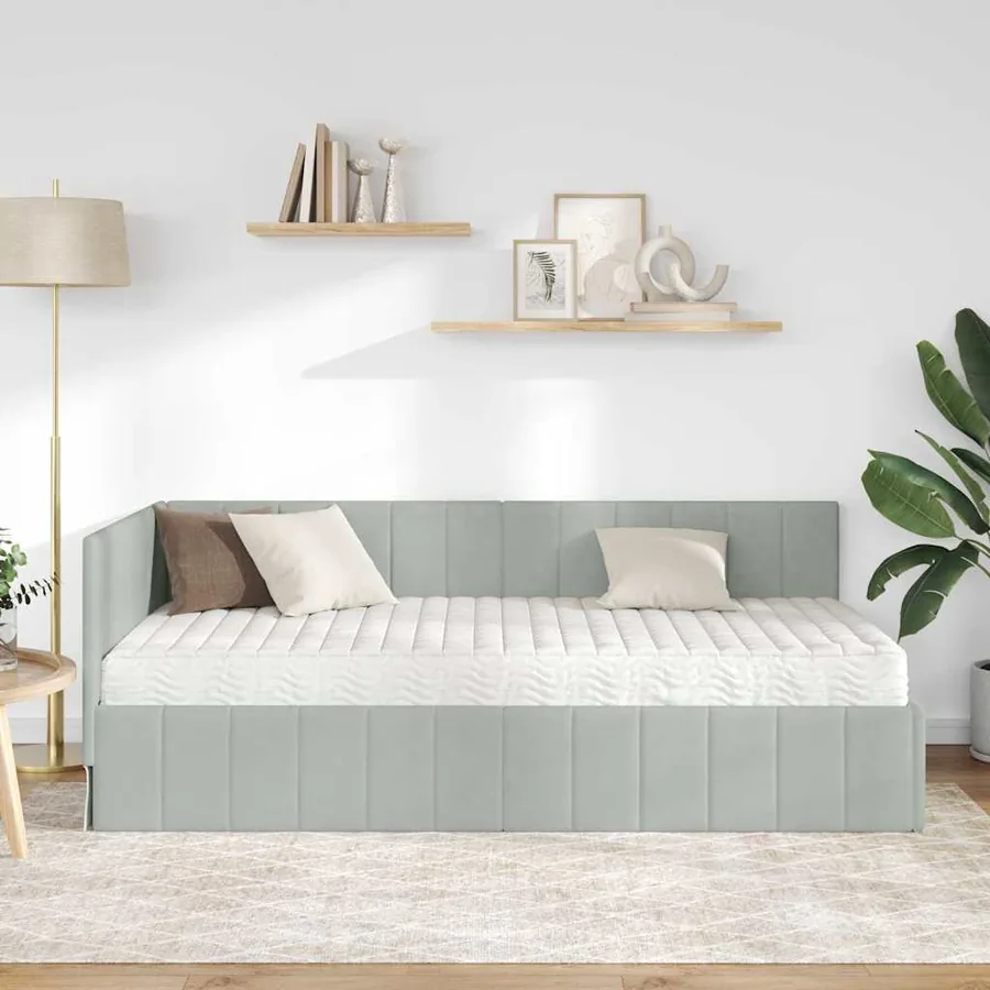 Cadre de lit d'angle avec matelas 2 pcs Gris clair Velours - 3