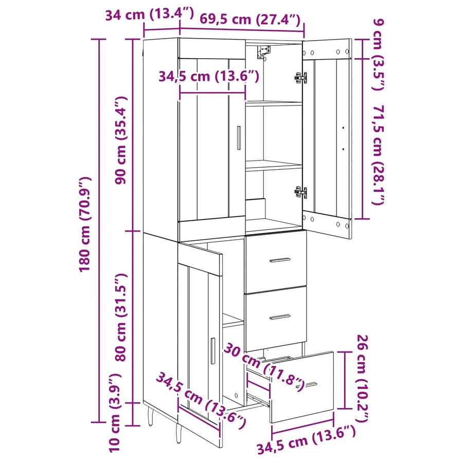 Haut Armoire 2 pcs Chêne artisanal 69,5 x 34 x 180 cm - 16