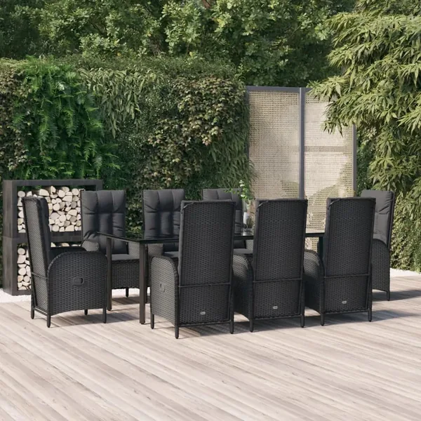 Ensemble à manger jardin 9pcs et coussins noir résine tressée