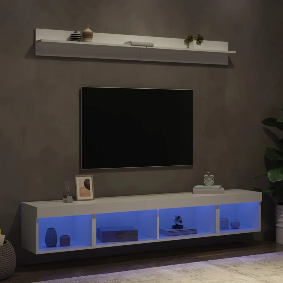 Unités murales TV avec LED 5 pcs blanc bois d'ingénierie