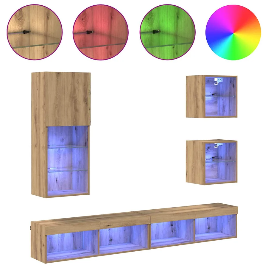 Unités murales TV avec LED 5 pcs Chêne artisanal - 4