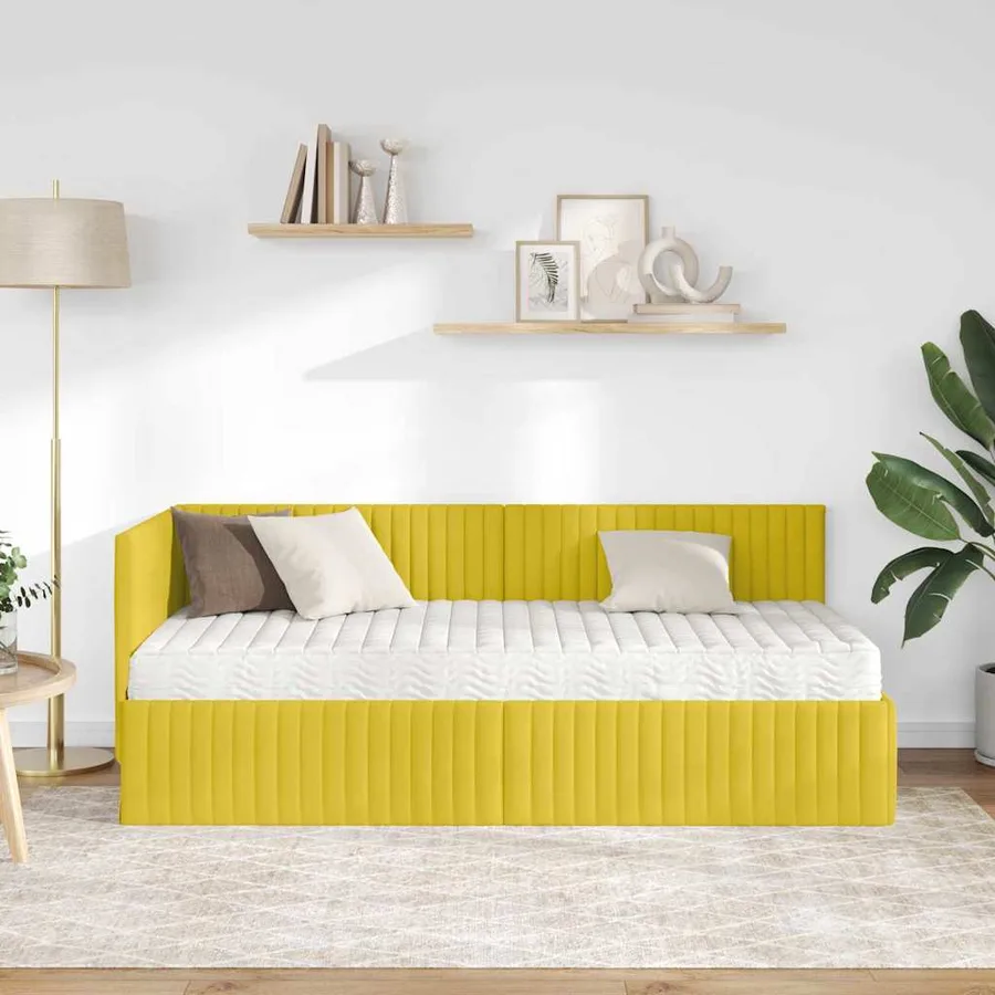 Cadre de lit d'angle avec matelas 2 pcs Jaune Velours - 3