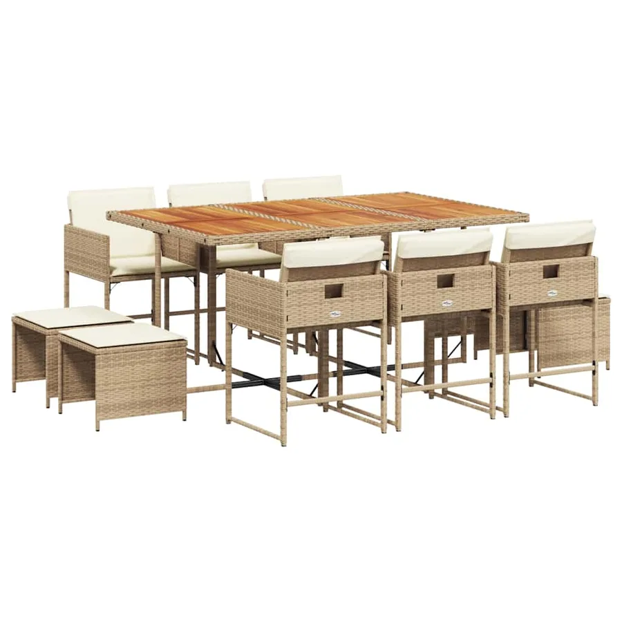 Ensemble à manger de jardin et coussins 11 pcs beige poly rotin - 2