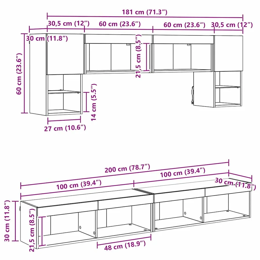 Unités murales TV avec LED 6 pcs Chêne noir Bois d'ingénierie - 16