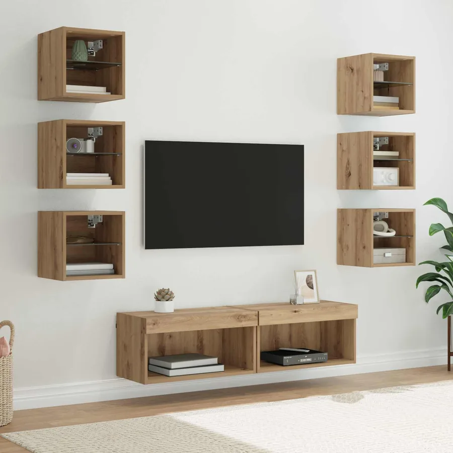 Meuble TV 8 pcs Chêne artisanal Verre