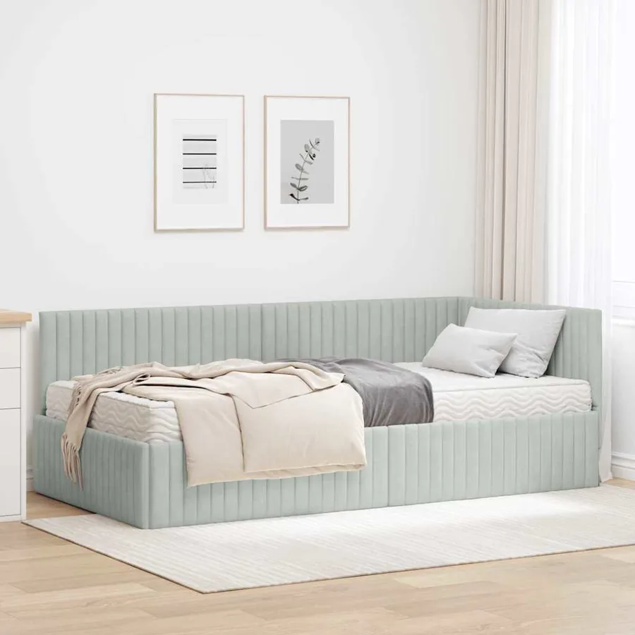 Cadre de lit d'angle avec matelas 2 pcs Gris clair Velours