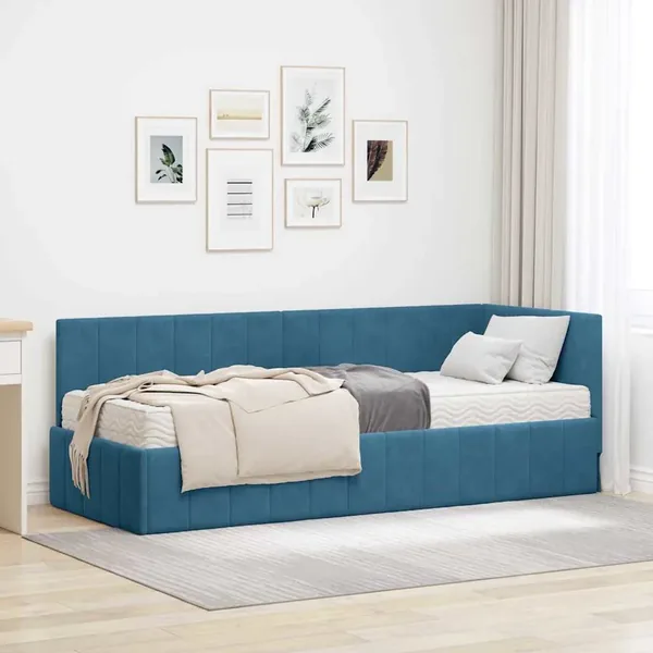 Cadre de lit d'angle avec matelas 2 pcs Bleu Velours
