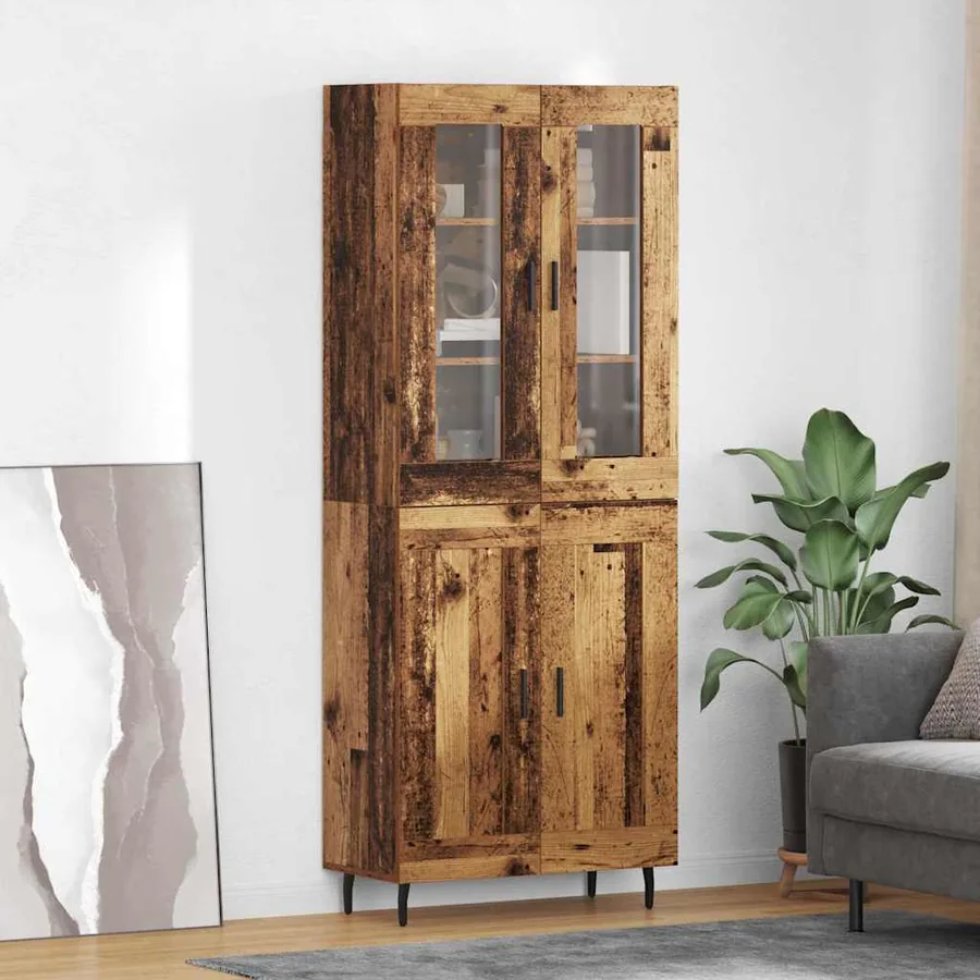 Haut Armoire 2 pcs Bois Ancien Bois Aggloméré et Verre