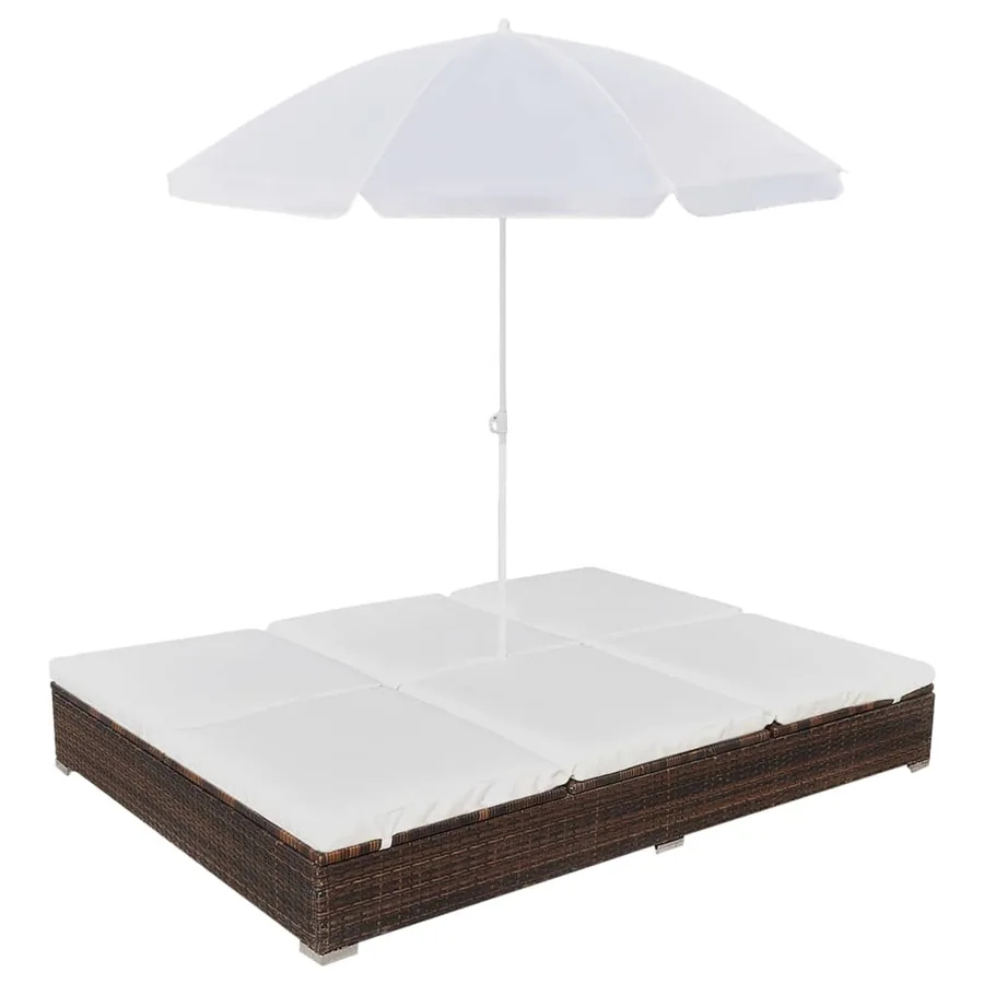 Outdoor Sun Lounger with Parasol Poly Rattan Brown