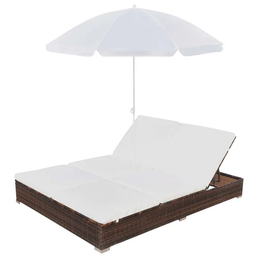Outdoor Sun Lounger with Parasol Poly Rattan Brown - 3