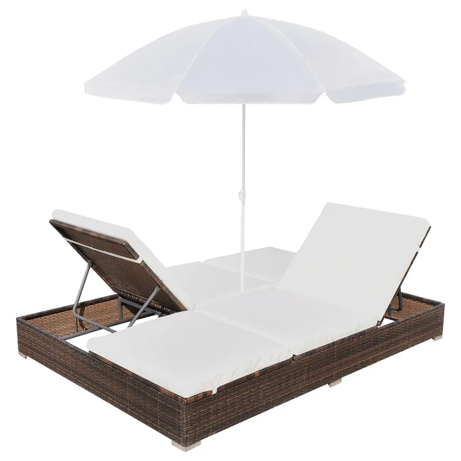Outdoor Sun Lounger with Parasol Poly Rattan Brown - 5