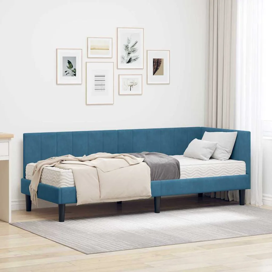 Cadre de lit d'angle avec matelas 2 pcs Bleu Velours