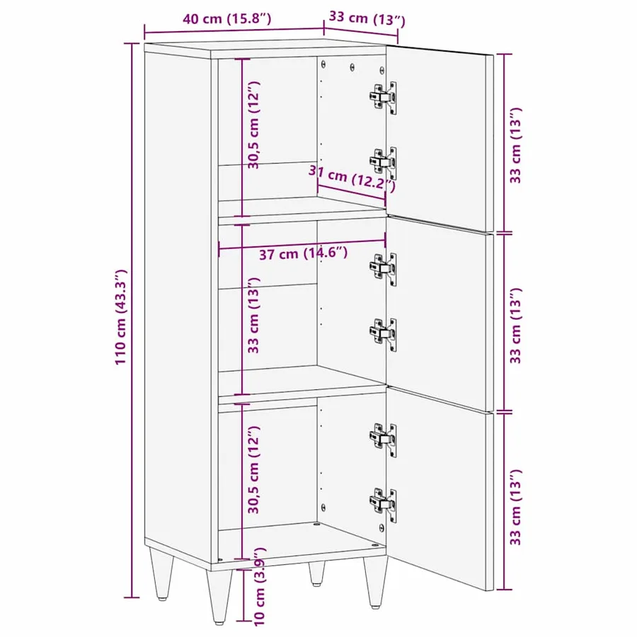 Haut Armoire Noir 40 x 33 x 110 cm Bois de mangue massif - 12
