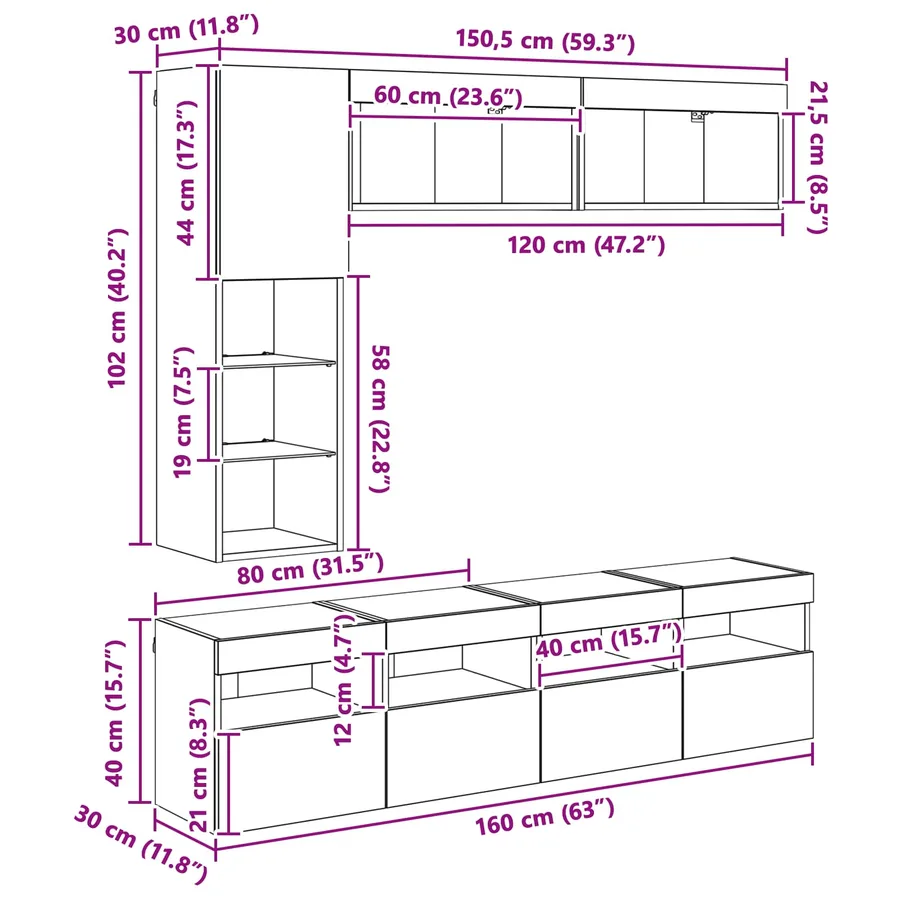 Meuble TV avec LED 7 pcs Chêne noir Bois d'ingénierie - 15