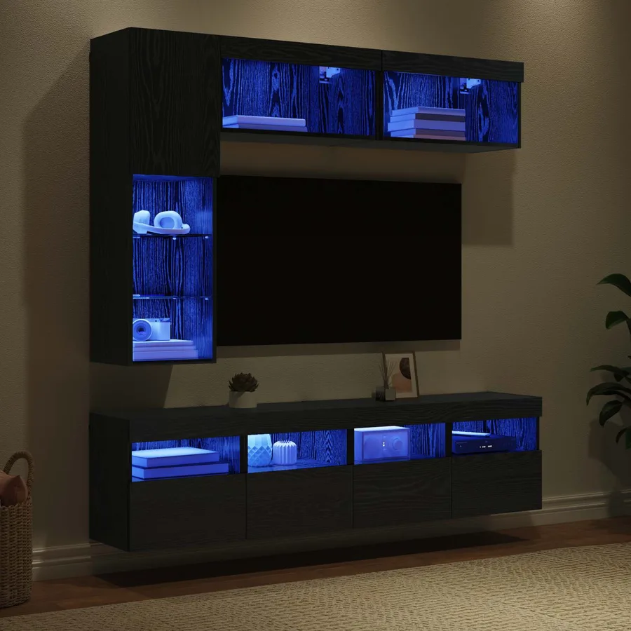 Meuble TV avec LED 7 pcs Chêne noir Bois d'ingénierie - 5