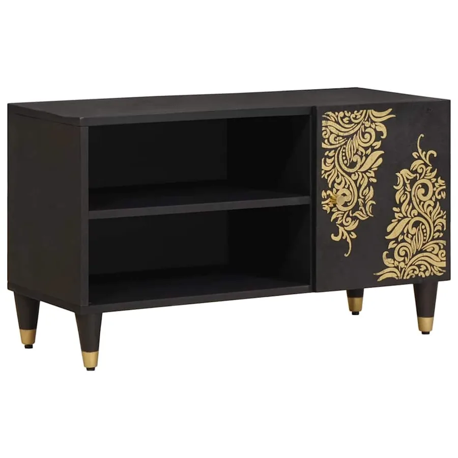 Meuble TV avec porte Noir 80 x 33 x 46 cm Bois de mangue massif
