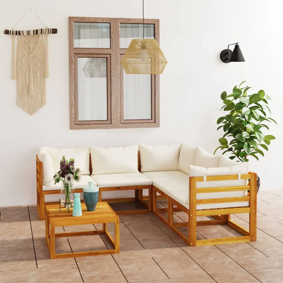 Salon de jardin 6 pcs avec coussin Crème Bois d'acacia solide