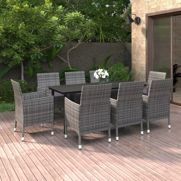Ensemble à manger de jardin coussins 9 pcs Résine tressée Verre