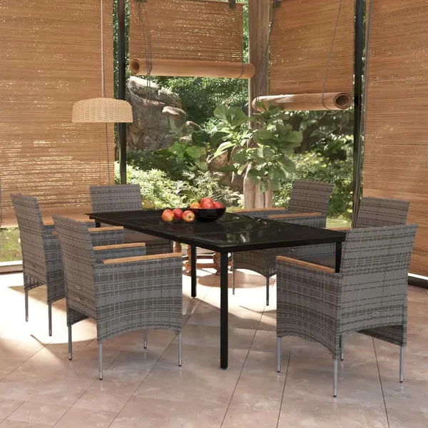 Ensemble à manger de jardin coussins 7pcs Gris et noir
